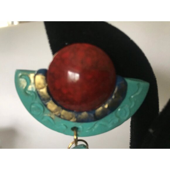 Vtg 1980's Handmade Resin Half Moon Dangle Drop Earrings Amber Cabochon Clip On - Picture 6 of 10